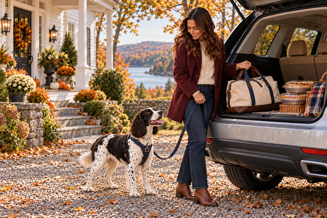 Woman loading a Thanksgiving pie and bags into her SUV while her Springer Spaniel waits on the leash