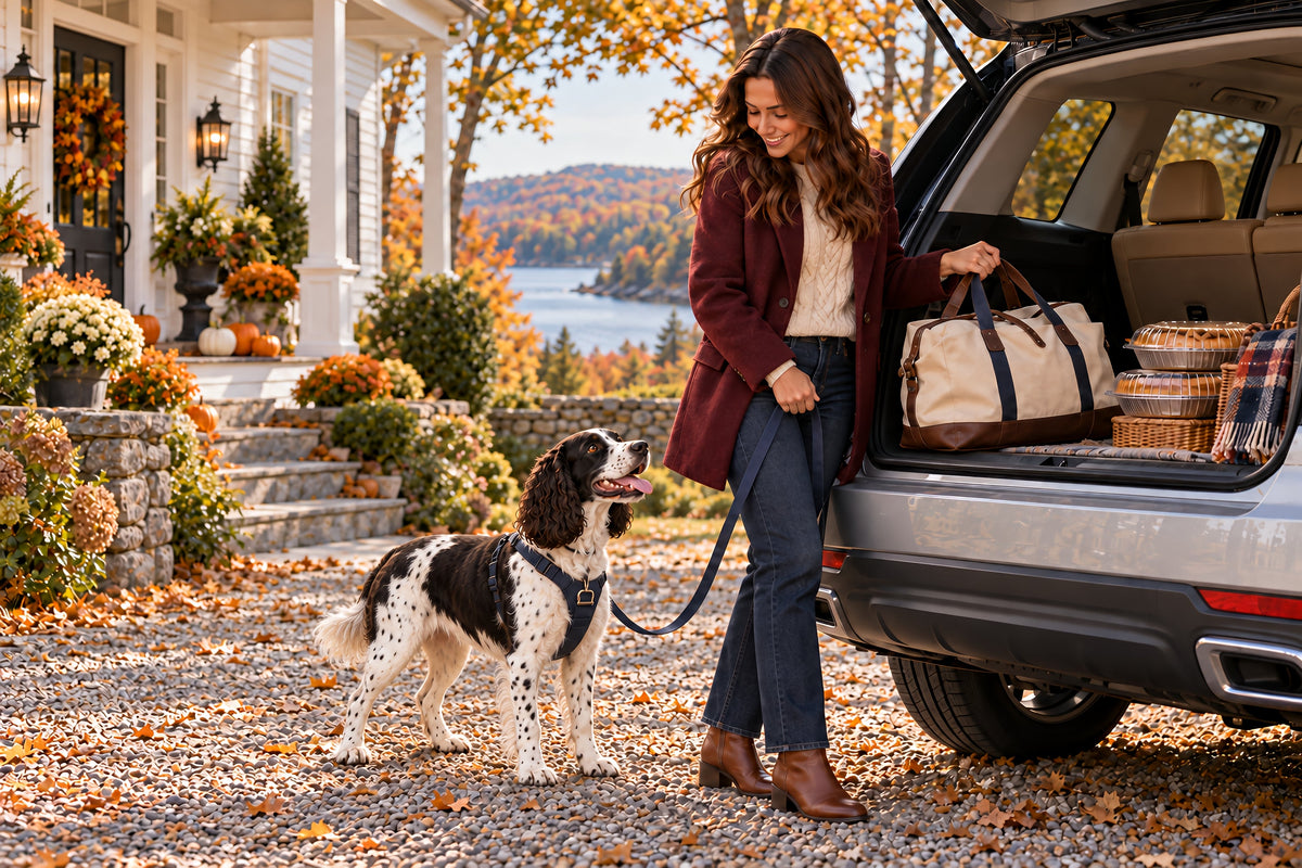 Woman loading a Thanksgiving pie and bags into her SUV while her Springer Spaniel waits on the leash