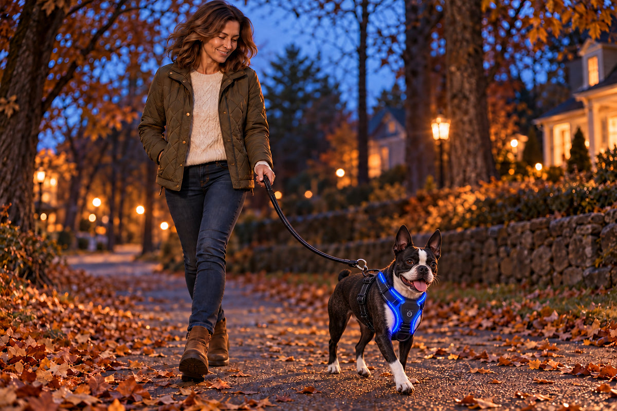 A woman and Boston Terrier walking on an autumn path at dusk with a blue LED harness