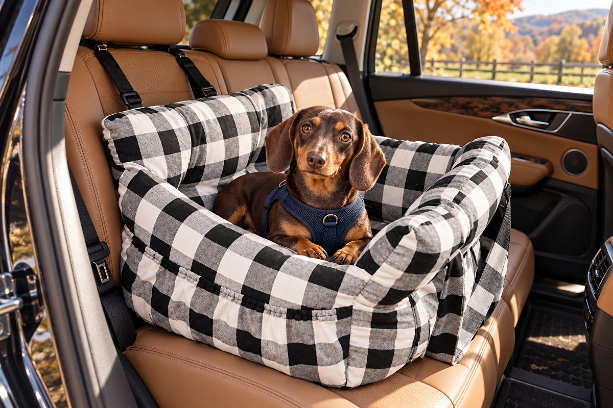 Chocolate Dachshund resting in a checkered dog car seat on a tan rear bench