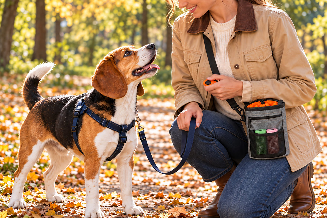 Beagle looking toward its owner as she holds an orange training clicker