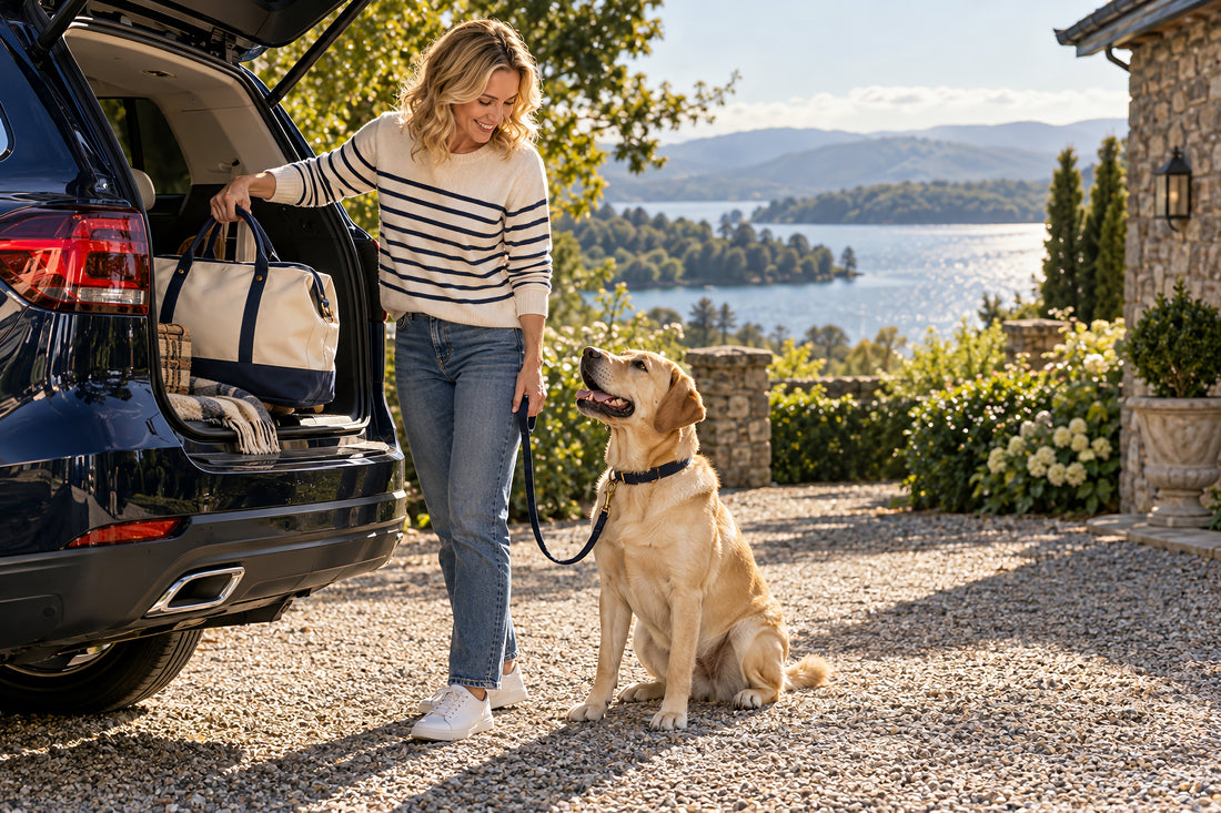 Woman packing an SUV for a day trip while her Labrador waits beside her