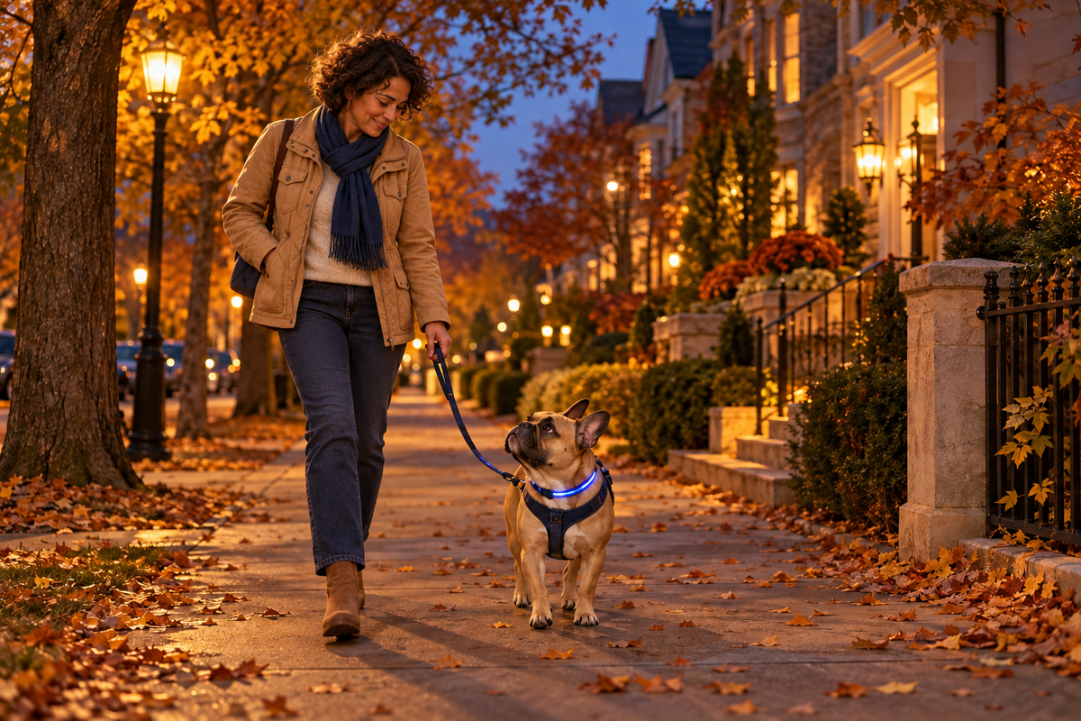 A woman and her French Bulldog setting out on an autumn evening walk along a tree-lined street