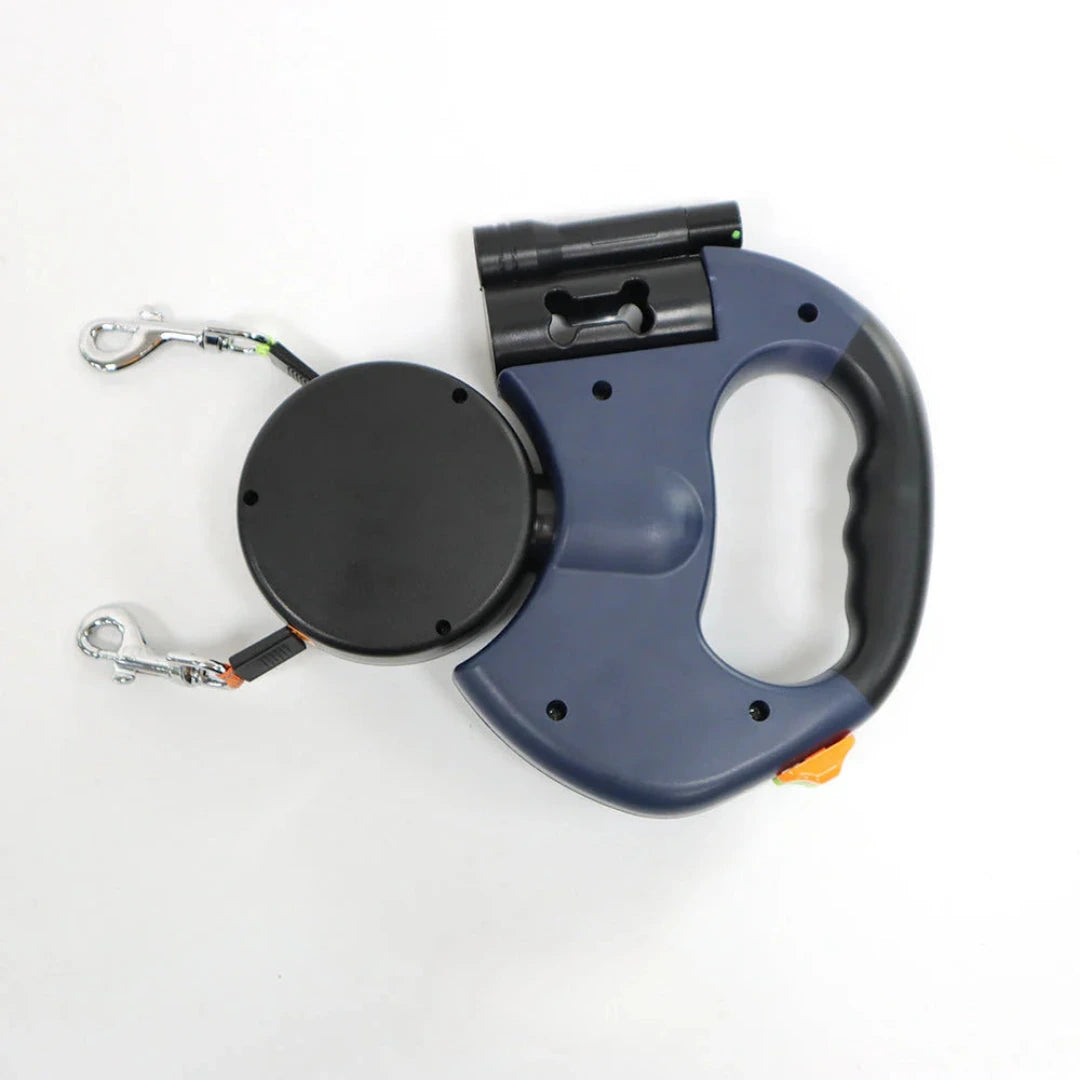 Retractable dog leash with handle on a white background