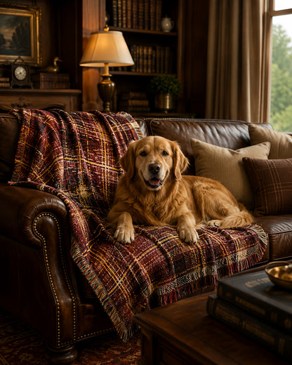 TekPaws Heritage Woven Fringe Blanket — Merlot Plaid