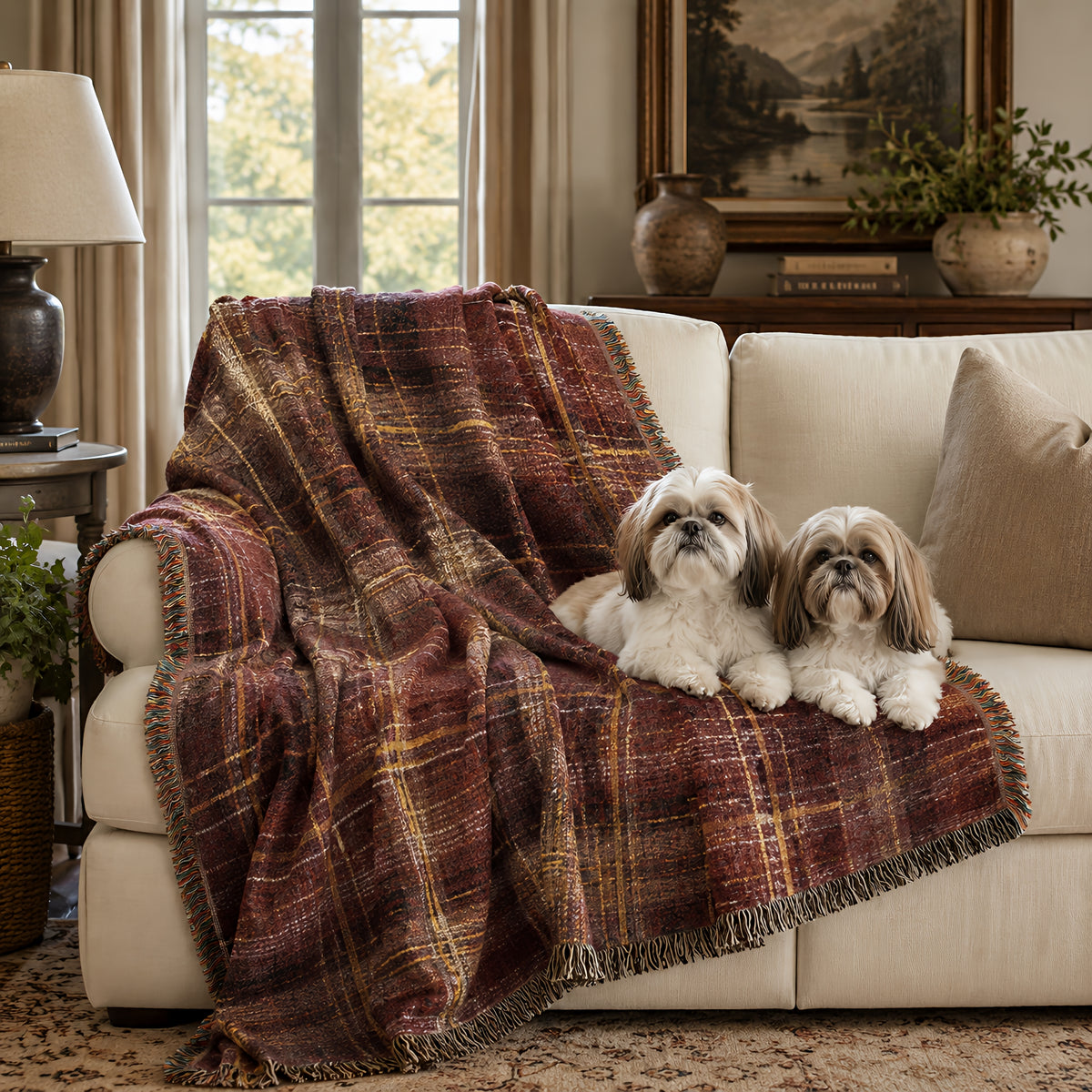 TekPaws Heritage Woven Fringe Blanket — Merlot Plaid