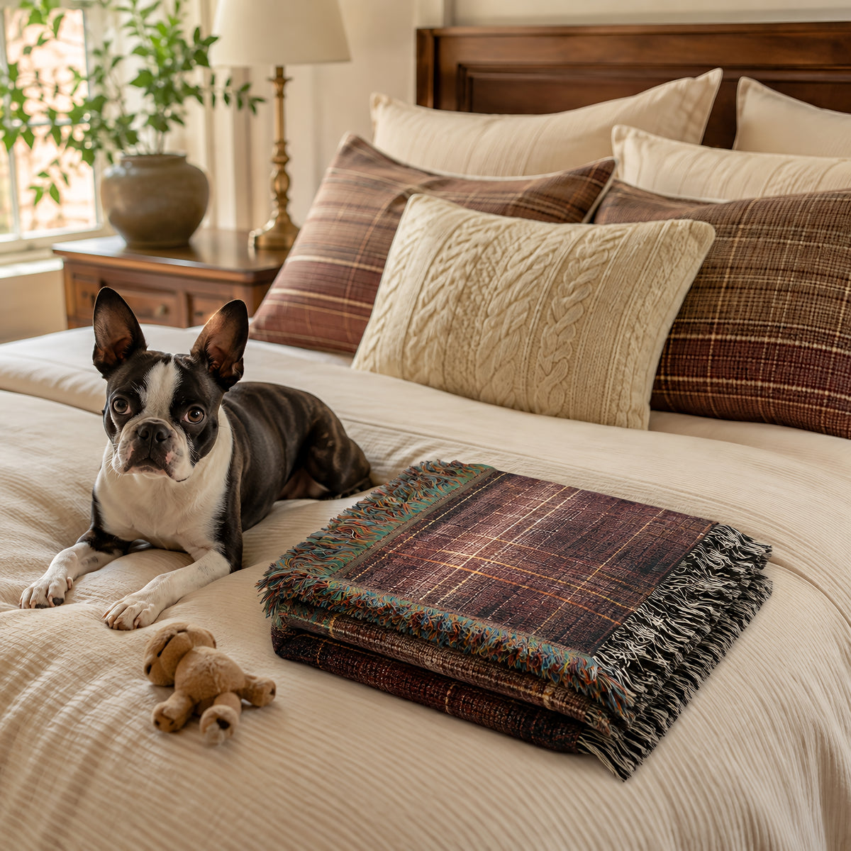 TekPaws Heritage Woven Fringe Blanket — Merlot Plaid