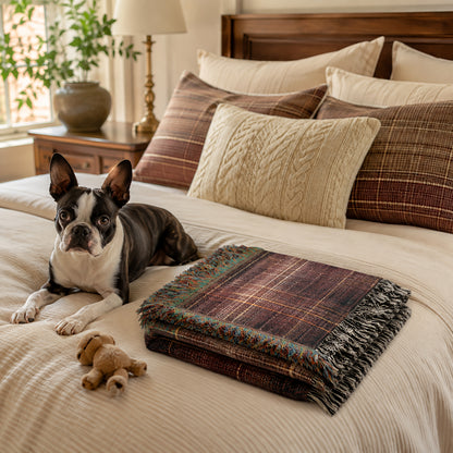 TekPaws Heritage Woven Fringe Blanket — Merlot Plaid