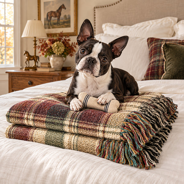 TekPaws Co-Pilot Cream Plaid Woven Blanket at home