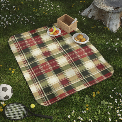 TekPaws Evergreen Escape plaid picnic blanket on the grass