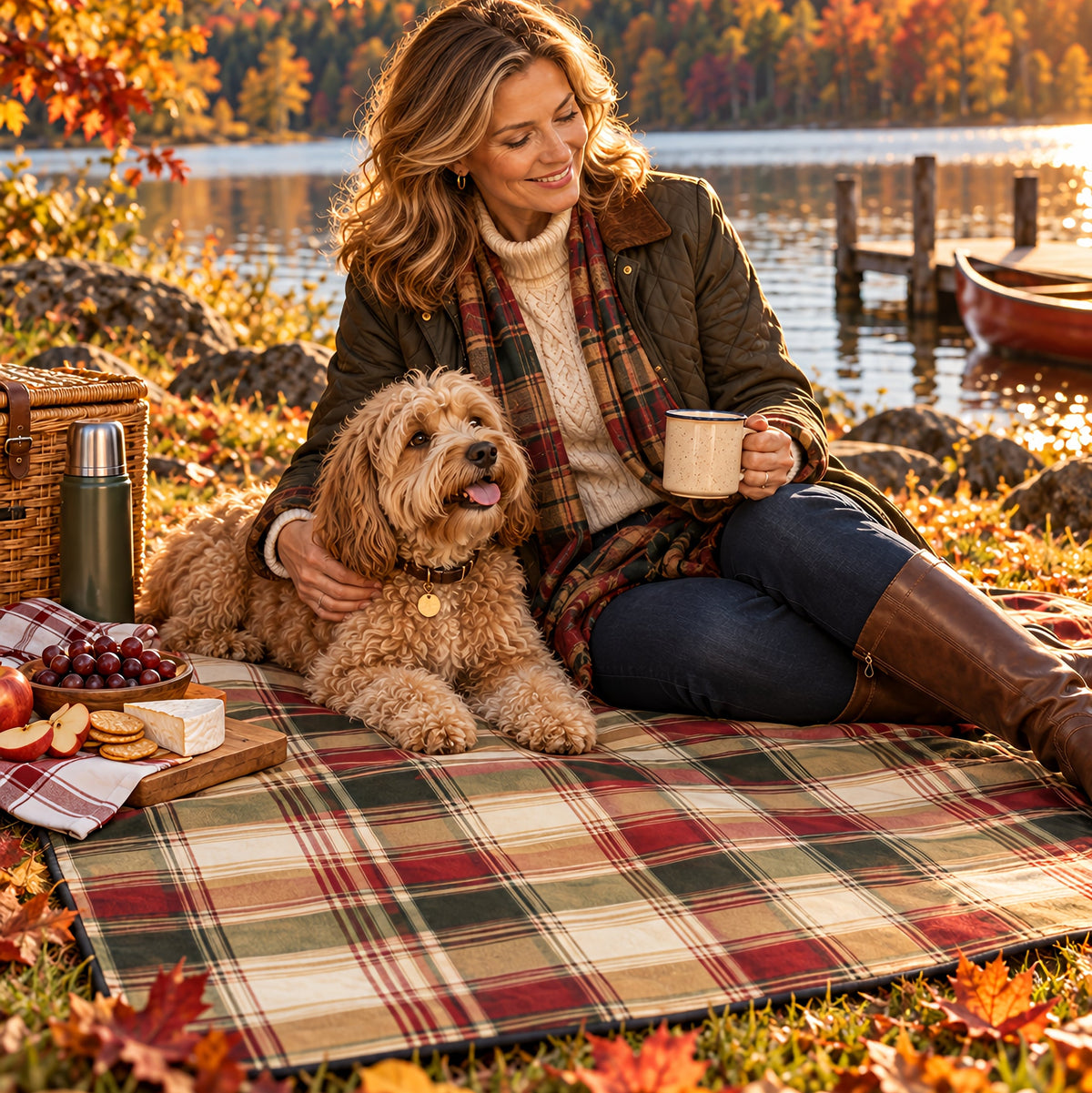 Woman with a Cockapoo on the Evergreen Escape plaid picnic blanket beside an autumn lake