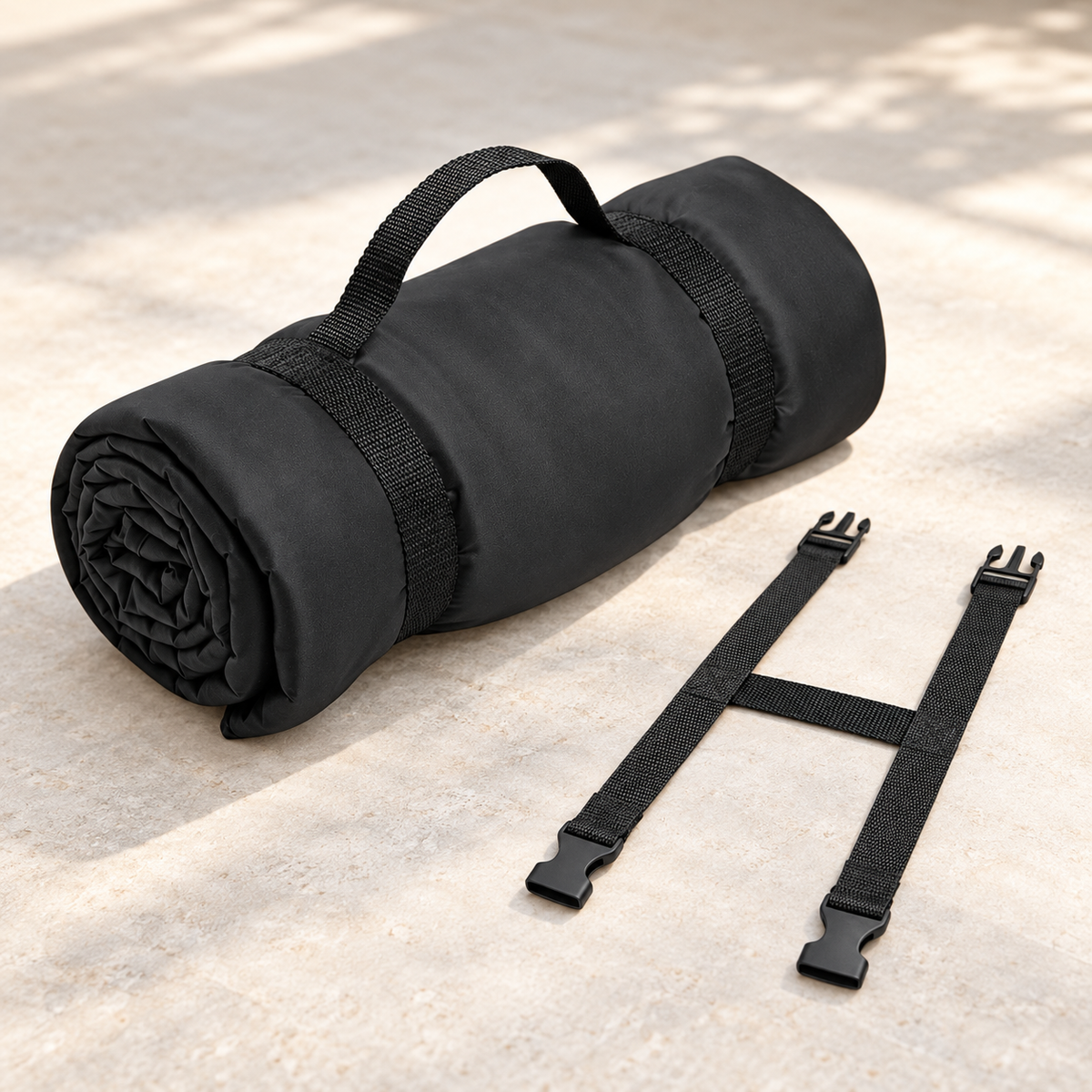 Black buckled carrying strap on the rolled-up Evergreen Escape picnic blanket