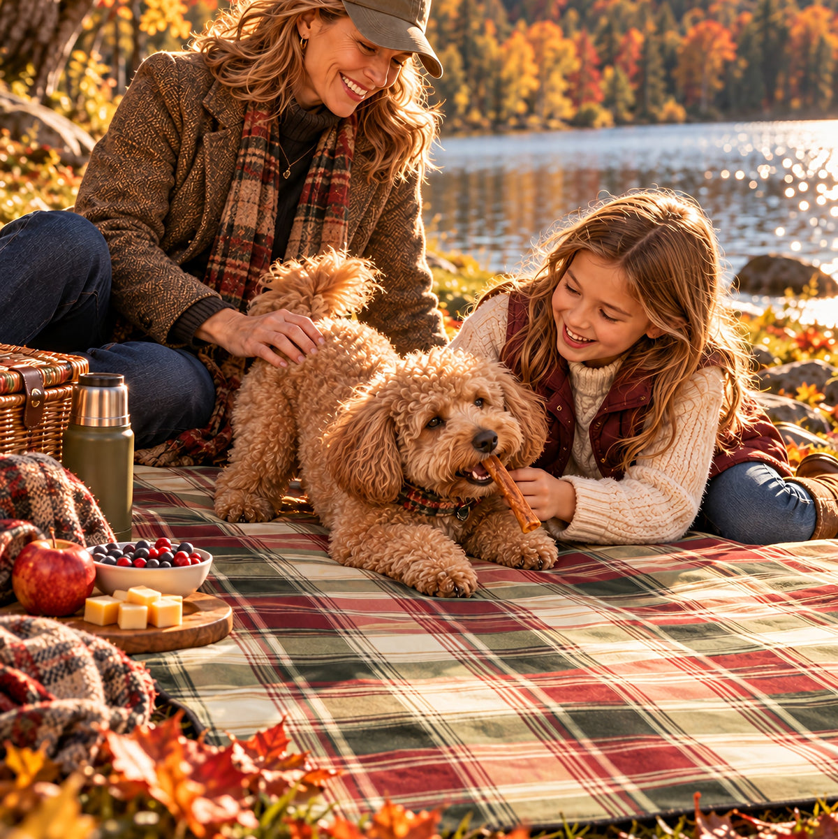 Mom, daughter and Cockapoo sharing an autumn picnic on the TekPaws Evergreen Escape plaid blanket