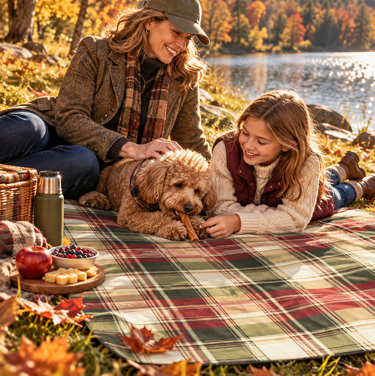 Girl and Cockapoo lying together on the Evergreen Escape plaid picnic blanket