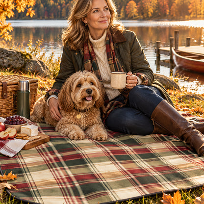 Woman and Cockapoo relaxing on the Evergreen Escape plaid picnic blanket by an autumn lake