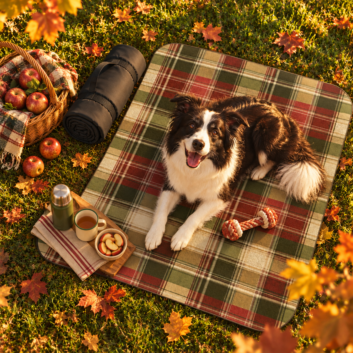 Rolled-up Evergreen Escape picnic blanket with its carry strap beside a Border Collie