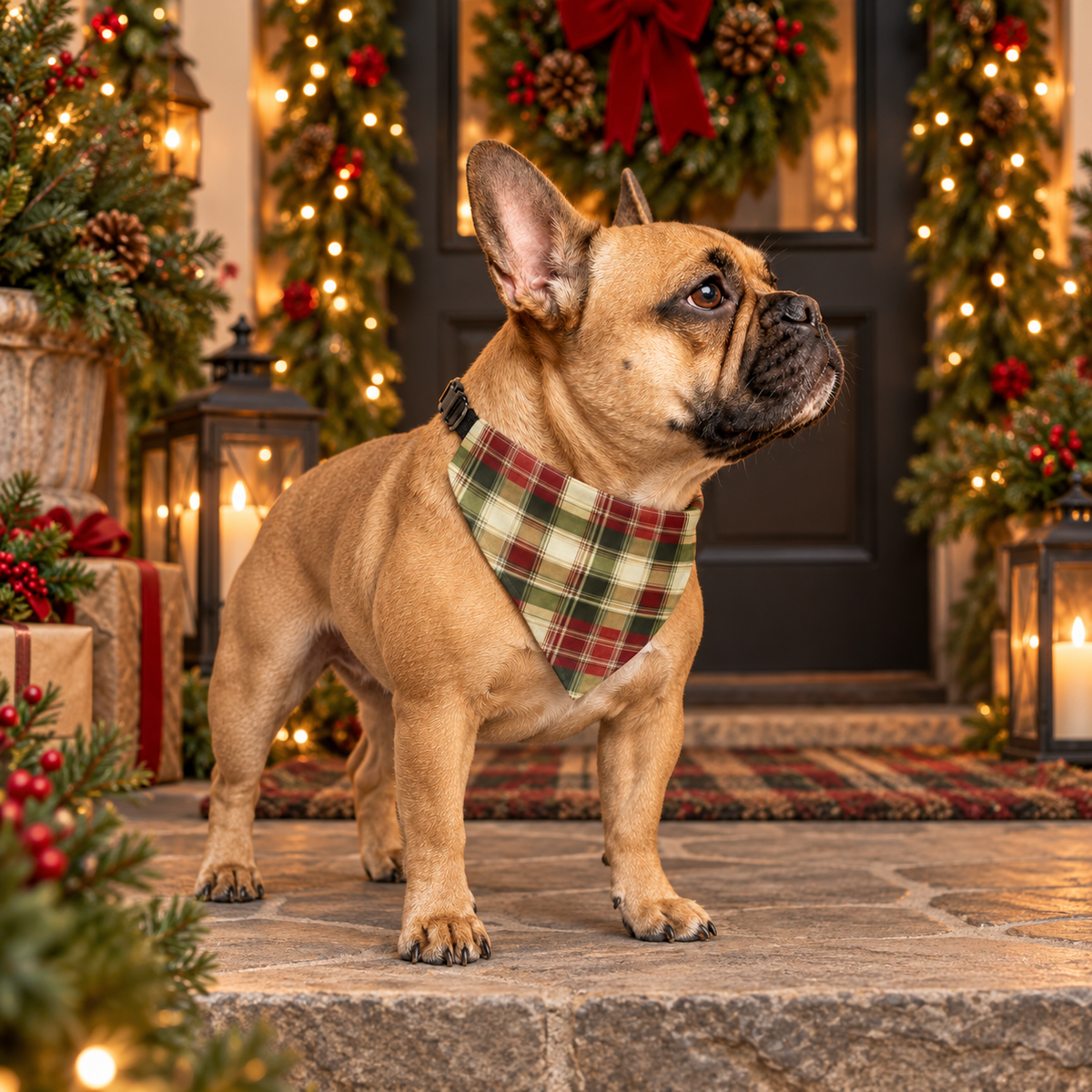 French Bulldog wearing the TekPaws Evergreen Escape Plaid Bandana on a holiday porch