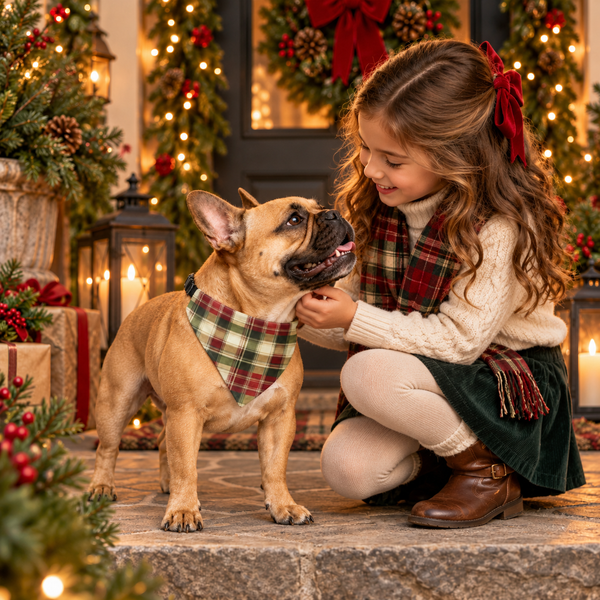 Girl smiling at a French Bulldog wearing the TekPaws Evergreen Escape Plaid Bandana