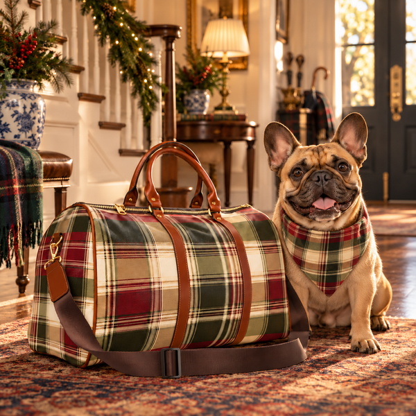 French Bulldog in the TekPaws Evergreen Escape Plaid Bandana beside the matching Evergreen Escape Weekender Bag