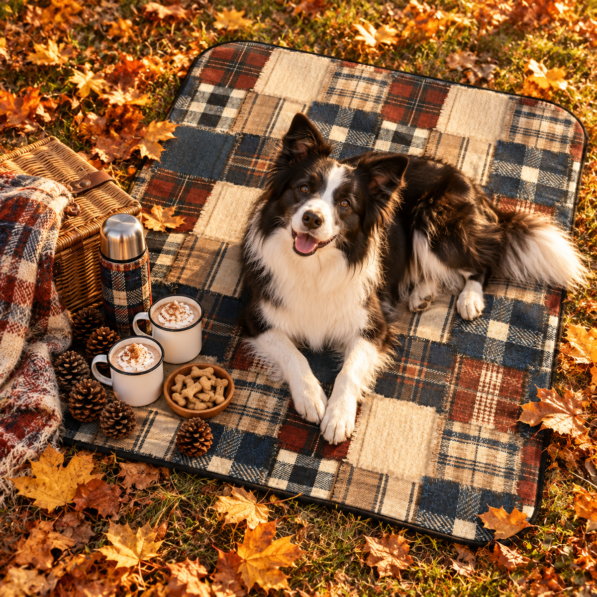 Border Collie lying on the TekPaws Lodge Patchwork Picnic Blanket among autumn leaves with cocoa and a picnic basket