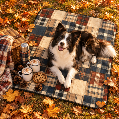 Border Collie lying on the TekPaws Lodge Patchwork Picnic Blanket among autumn leaves with cocoa and a picnic basket