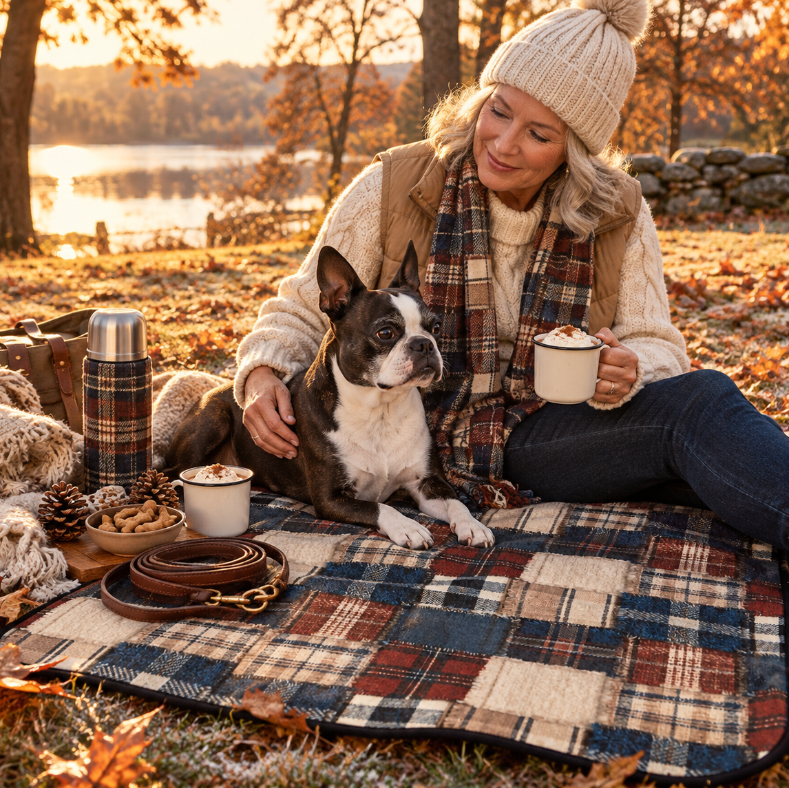 Woman and Boston Terrier sharing cocoa on the Lodge Patchwork Picnic Blanket by a frosty autumn lake