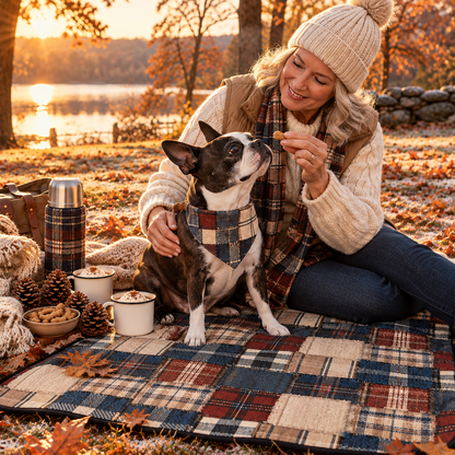 Woman and Boston Terrier relaxing on the Lodge Patchwork Picnic Blanket by an autumn lake