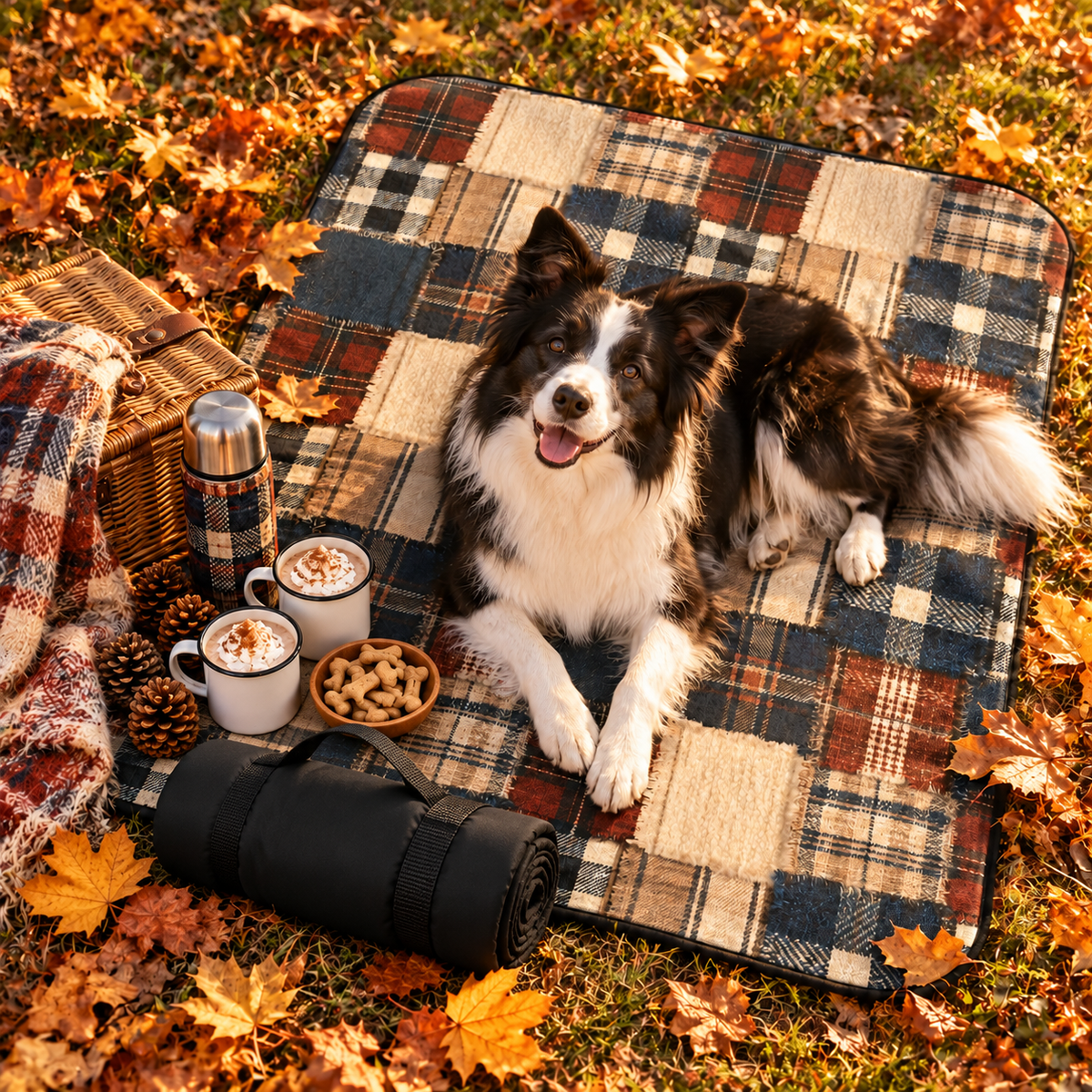Lodge Patchwork Picnic Blanket shown open and rolled up with its carry strap, with a Border Collie in autumn leaves