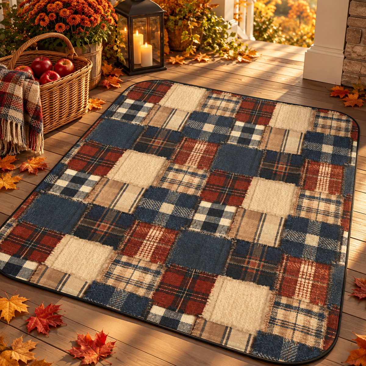 Lodge Patchwork Picnic Blanket spread on a fall porch with lanterns, mums and pumpkins