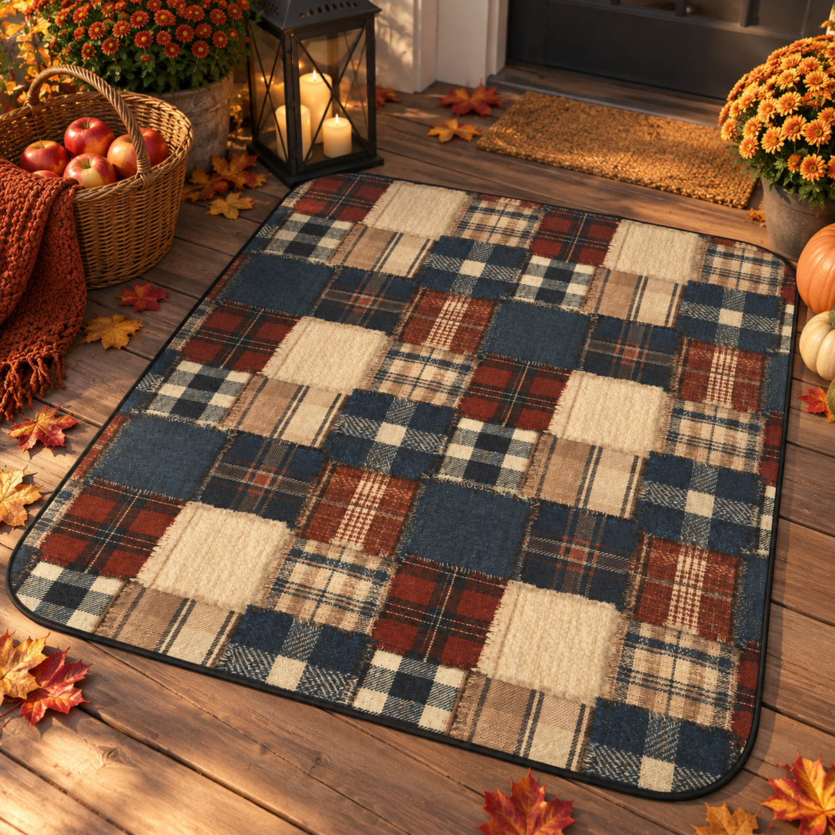 Lodge Patchwork Picnic Blanket on a cozy autumn porch