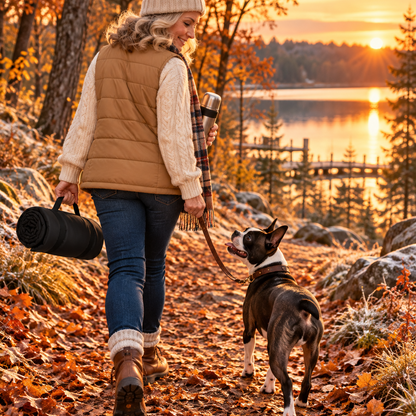 Woman carrying the rolled-up picnic blanket by its strap while walking a Boston Terrier on an autumn lakeside path