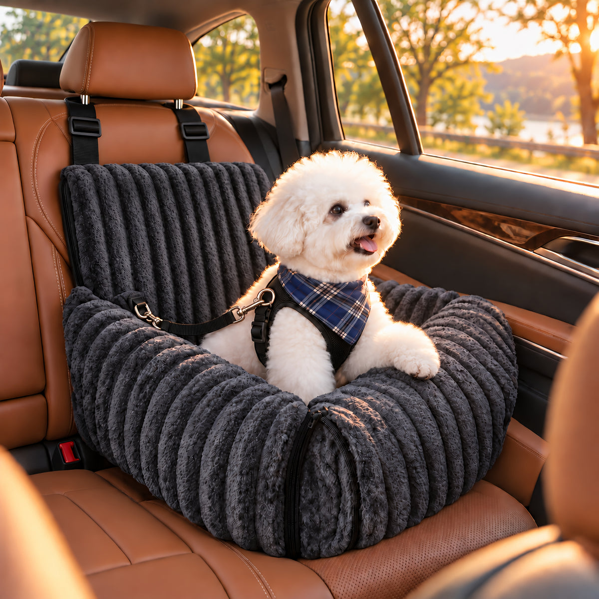 Bichon Frise in a harness clipped into the Dark Gray TekPaws RoadNest car seat