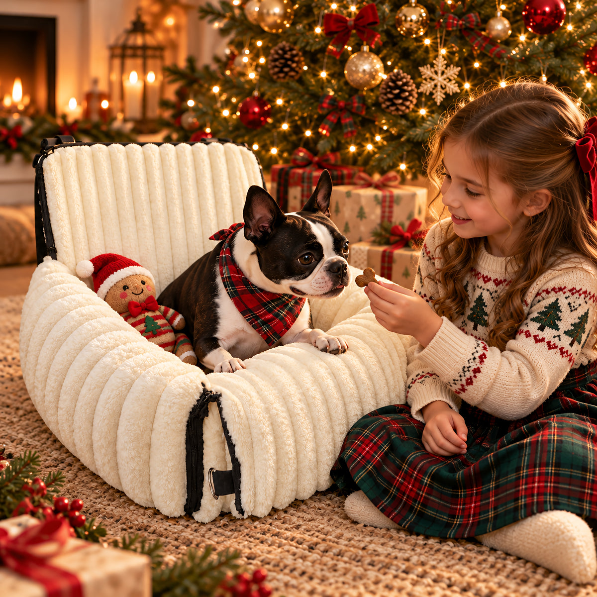 Small dog cozy in the TekPaws RoadNest dog bed at Christmas
