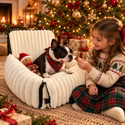 Small dog cozy in the TekPaws RoadNest dog bed at Christmas