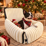 Boston Terrier in a plaid bandana relaxing in the Beige TekPaws RoadNest dog bed by the Christmas tree