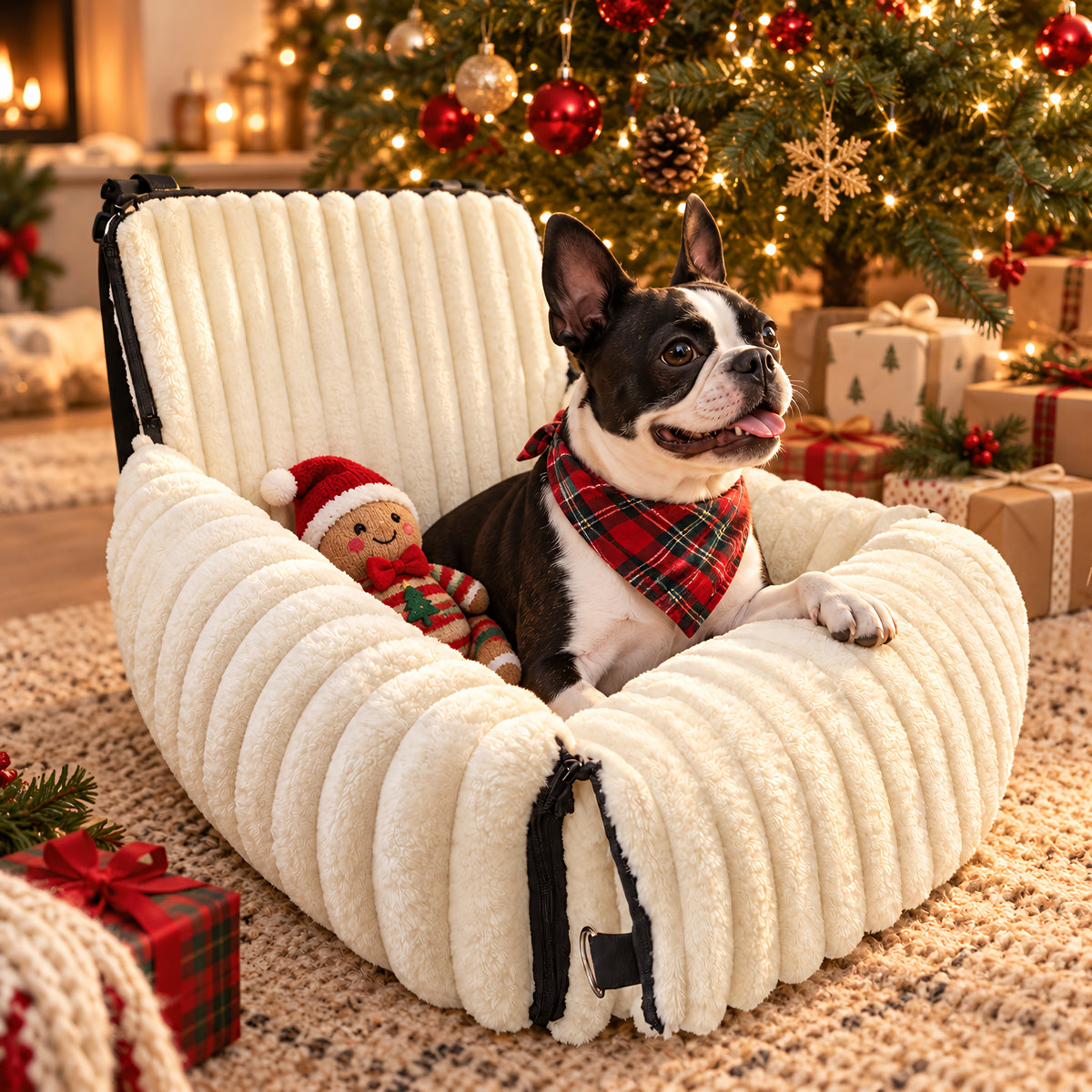 Boston Terrier in a plaid bandana relaxing in the Beige TekPaws RoadNest dog bed by the Christmas tree