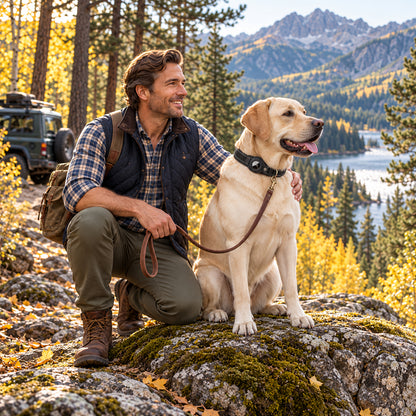 Labrador and owner, dog wearing the black TekPaws SmartTag Comfort Collar
