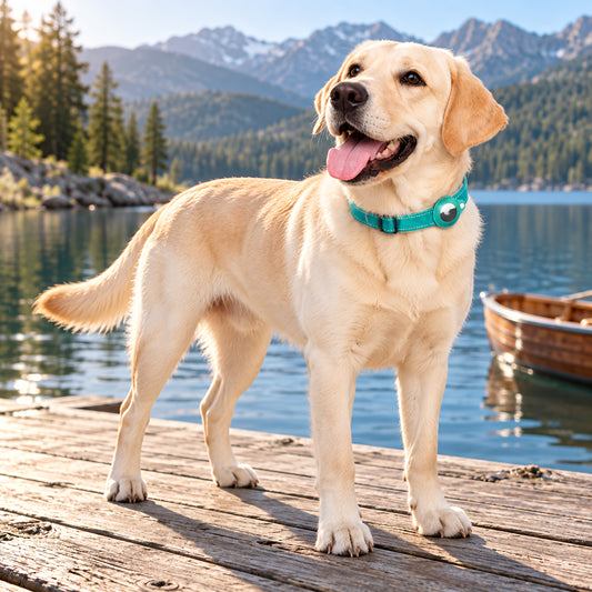 Yellow Labrador on a mountain lake dock wearing the blue TekPaws SmartTag Comfort Collar