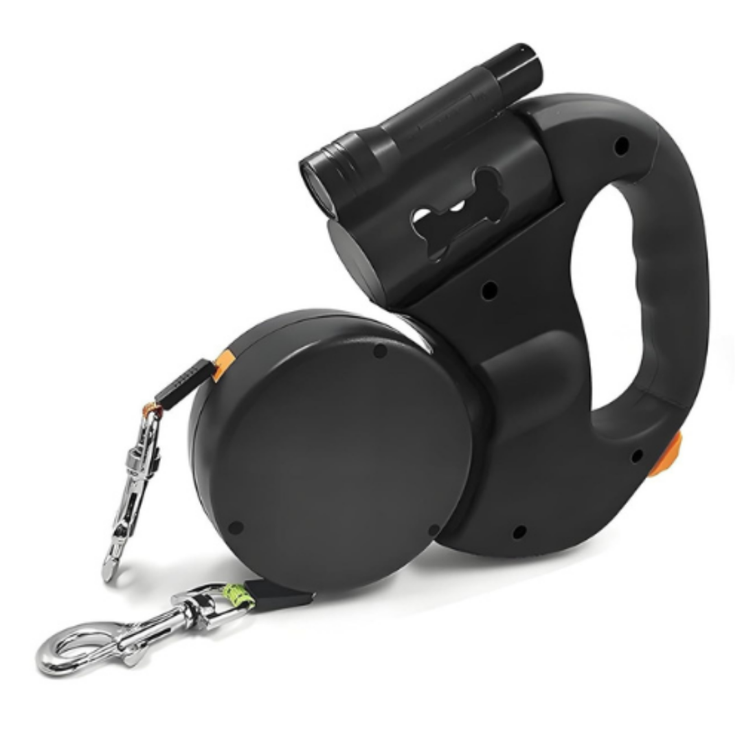 Black retractable dog leash with flashlight on a white background