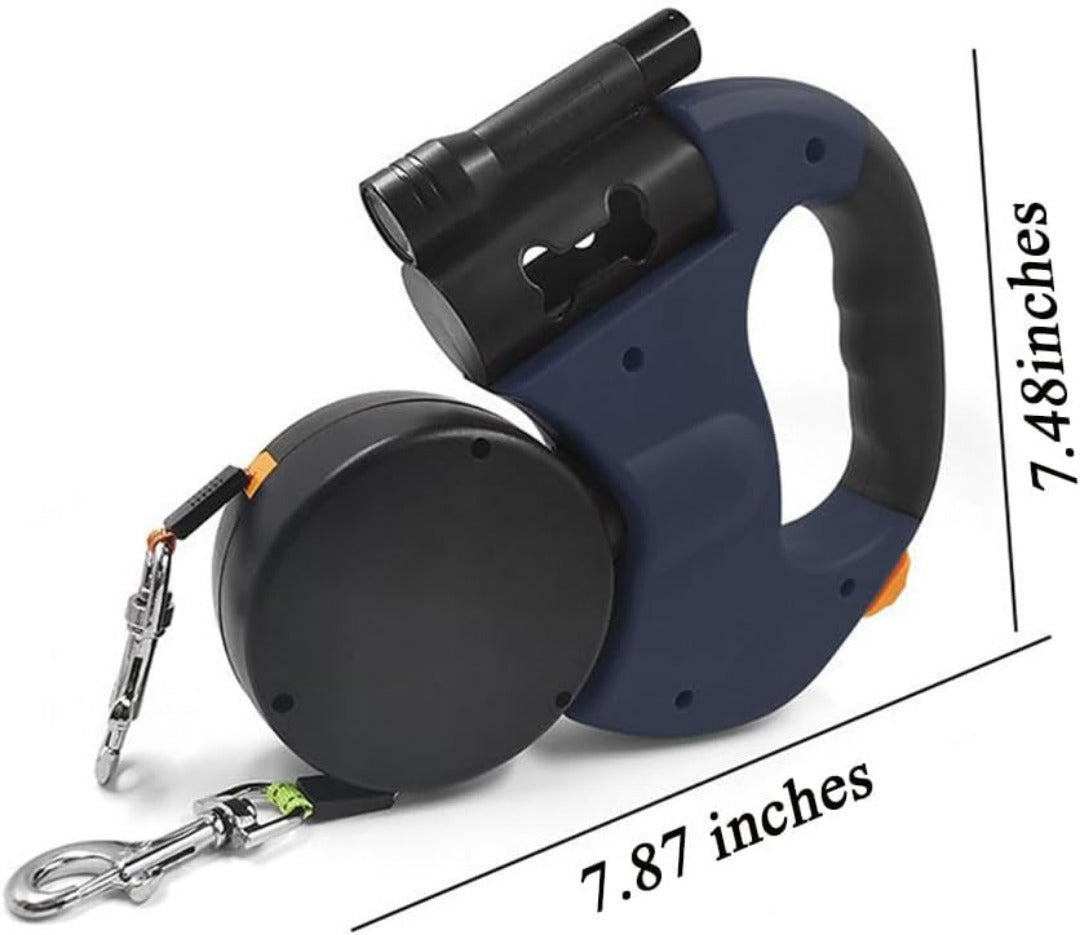 Retractable dog leash with handle and measurement details on a white background