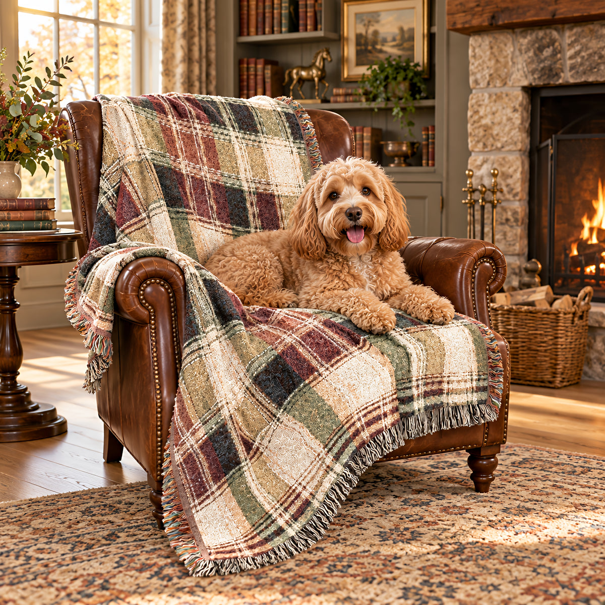 TekPaws Co-Pilot Cream Plaid Woven Blanket at home