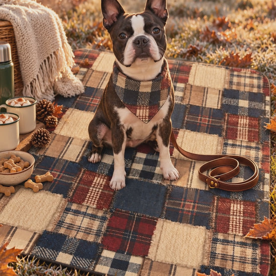Video: Boston Terrier and his owner cozy up with cocoa on the TekPaws Lodge Patchwork Picnic Blanket by an autumn lake, then walk home at sunset