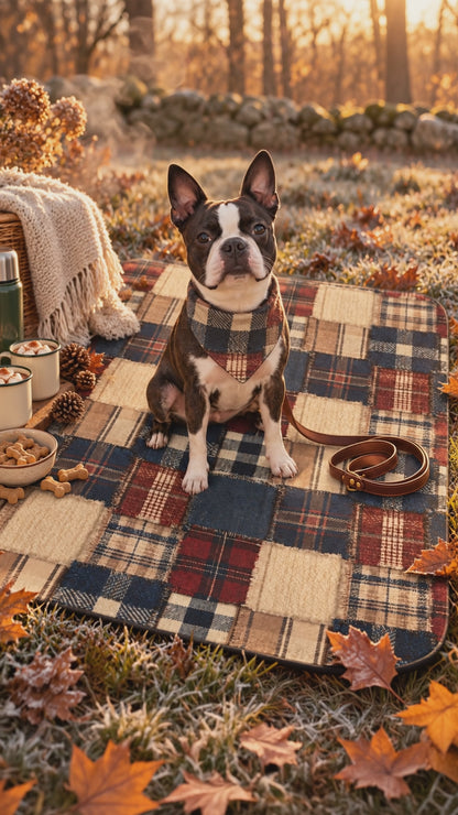 Video: Boston Terrier and his owner cozy up with cocoa on the TekPaws Lodge Patchwork Picnic Blanket by an autumn lake, then walk home at sunset